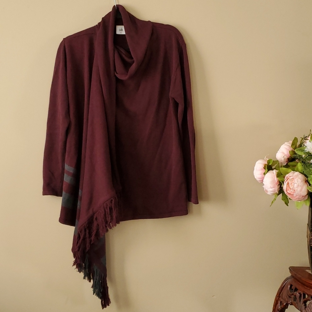 CAbi Port Wine Fringe Wrap Sweater #3002 Size S